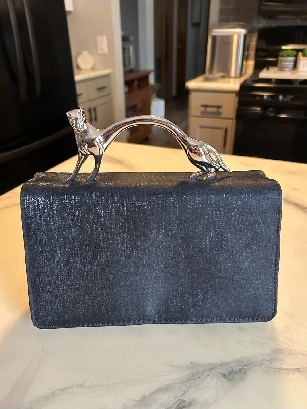Elegant Black Evening Clutch Handbag With Silver Panther Handle